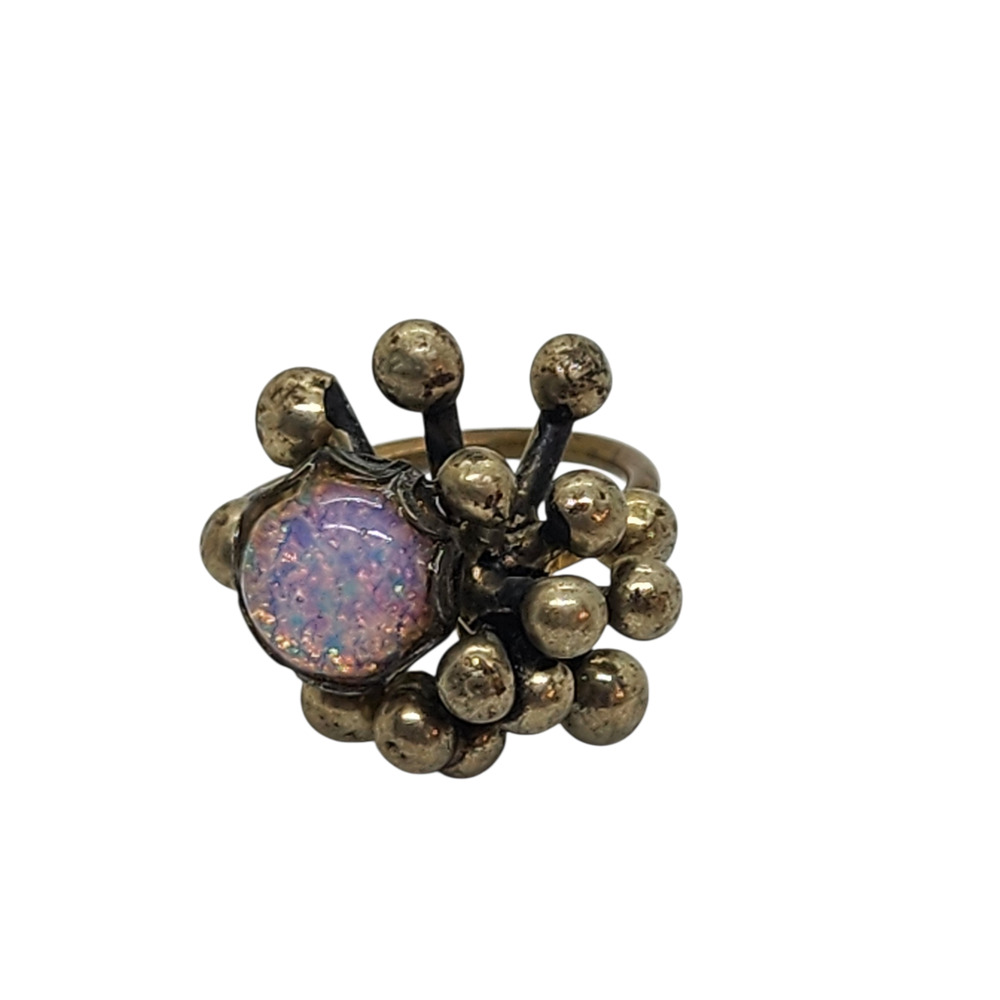 Vintage Gold Tone Brutalist Opal Glass Cluster Ring Sz 5.5 Modernist Statement